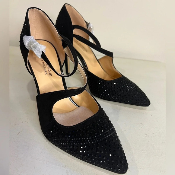 Badgley Mischka Black Rhinestone Suede Heels Women’s Stiletto Pumps Size 8M - Picture 1 of 8